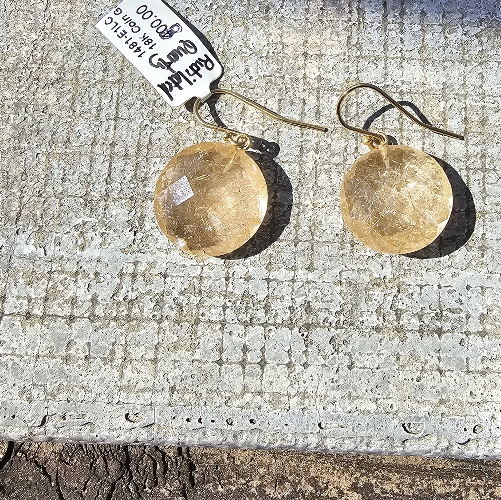 Elegant Rutilated Quartz And Solid 18k Yellow Gold Drop Earrings - Picture 3 of 12